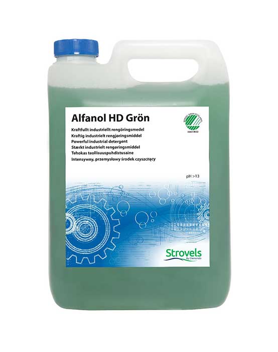 Strovels Alfanol HD Grön 5 liter – Svanenmärkt grovrengöringsmedel för verkstadsgolv och industrirengöring